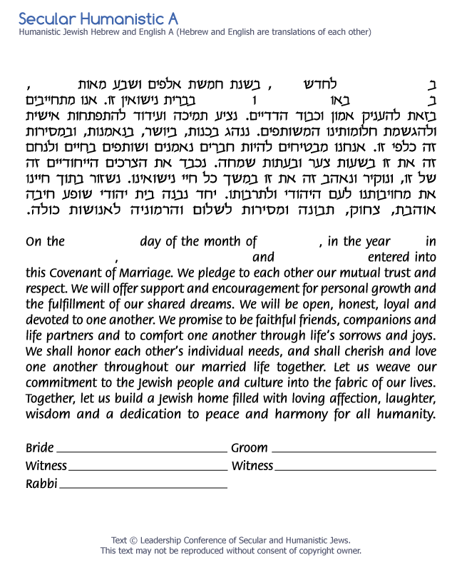Secular Humanistic A text in Hebrew and English used with permission by the Leadership Conference of Secular and Humanistic Jews.
