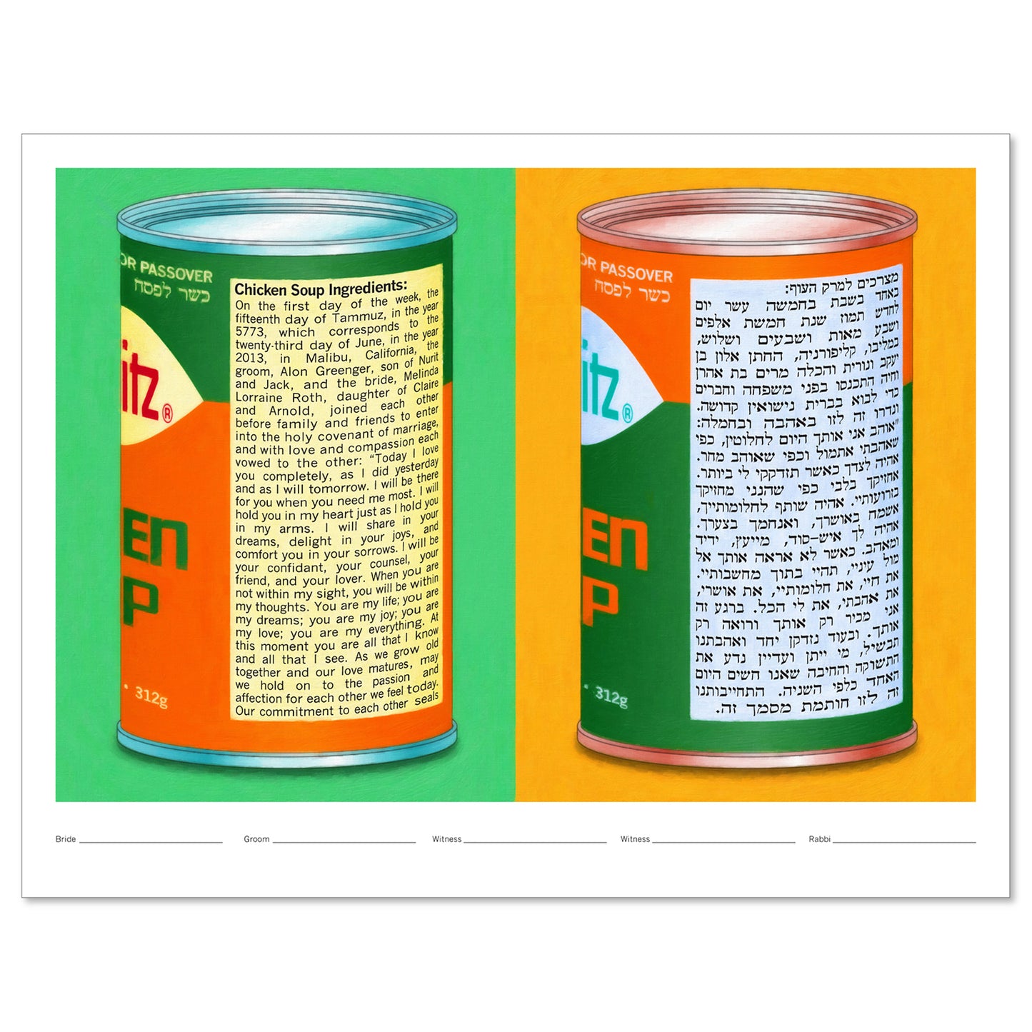 Chicken Soup for the Soul Mates 1 Orange/Green pop art ketubah by Micah Parker with two pop art chicken soup cans and the ketubah texts on the labels.