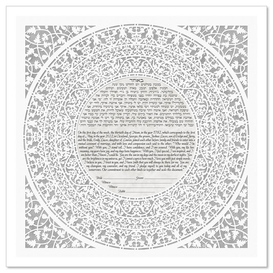 Grace Dove ketubah by Micah Parker with a circular text surrounded by a white lace ring on a dove gray background.
