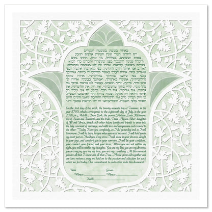 Lotus Hamsa 3 Green ketubah by Micah Parker features the ketubah text in the center of a hamsa shape that resembles a lotus flower with a lacy white leaf pattern over a green background.