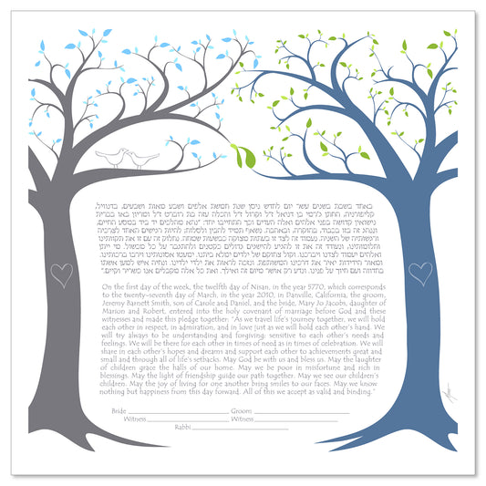 Made in the Shade 3 Blue/Gray ketubah by Micah Parker in blue and gray with two trees, two birds, two hearts, and the leaves forming the Hebrew word “chai” meaning “life.”