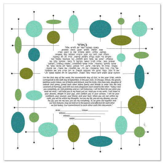 Miles 3 Mid-Century Modern Ketubah Mint/Olive/Teal by Micah Parker featuring a circular text on a white background surrounded by mint, olive, and teal ovals in a mid-century mod design.