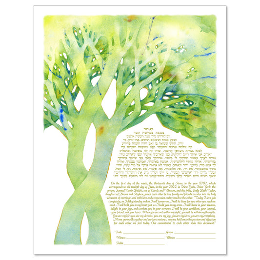 Tree of Life Delight ketubah by Claire Carter in blue and green with two intertwining trees.