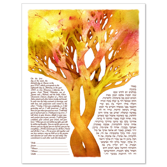 Tree of Life Warmth ketubah by Claire Carter in orange, yellow and red with two intertwining trees.