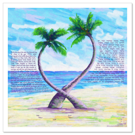 Tropical Romance ketubah by Micah Parker in beautiful shades of blue, purple, green, and yellow with two palm trees forming a heart shape in the center.