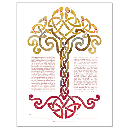 Woven Tree of Life Autumn ketubah by Claire Carter in gold and red on white using Celtic and Jewish symbolism.