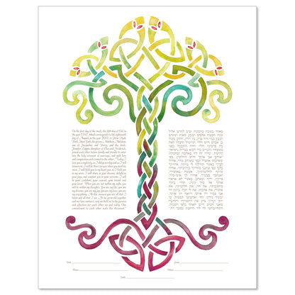Woven Tree of Life Spring ketubah by Claire Carter in yellow, red, and green on white using Celtic and Jewish symbolism.