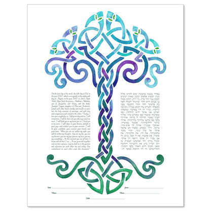 Woven Tree of Life Winter ketubah by Claire Carter in blue, purple, and green on white using Celtic and Jewish symbolism.