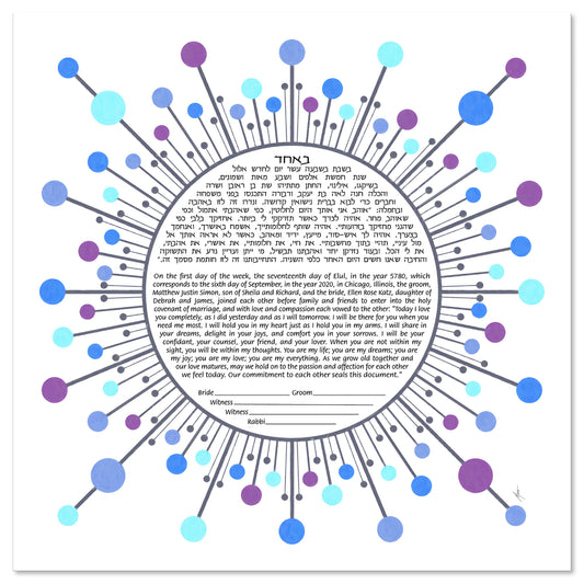 Ella 3 Mid-Century Modern Purple/Blue/Gray ketubah by Micah Parker with a circular text surrounded by circles shooting out from the center.