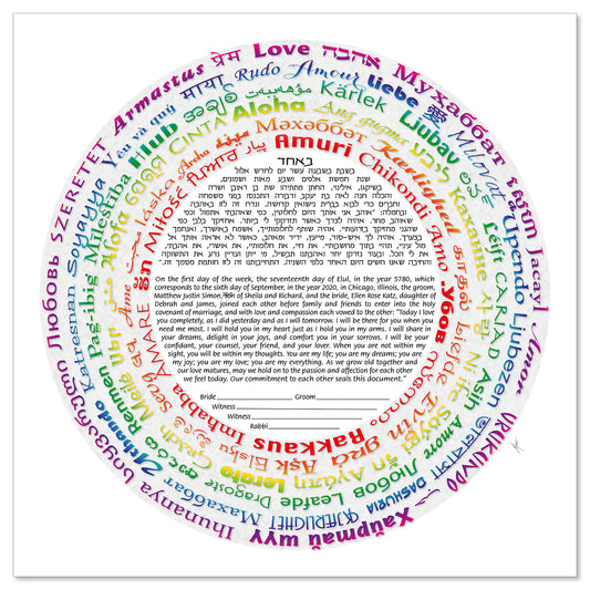 Love is All Around - Vivid ketubah by Micah Parker features a circular text surrounded by the word “love” in 93 languages in vivid colors.
