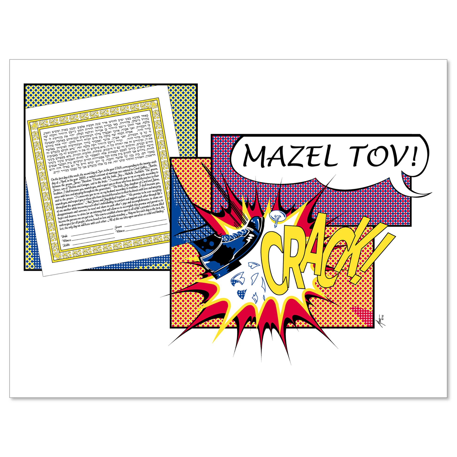 Mazel Tov ketubah by Micah Parker in pop art style with bold colors of red, blue, and yellow.