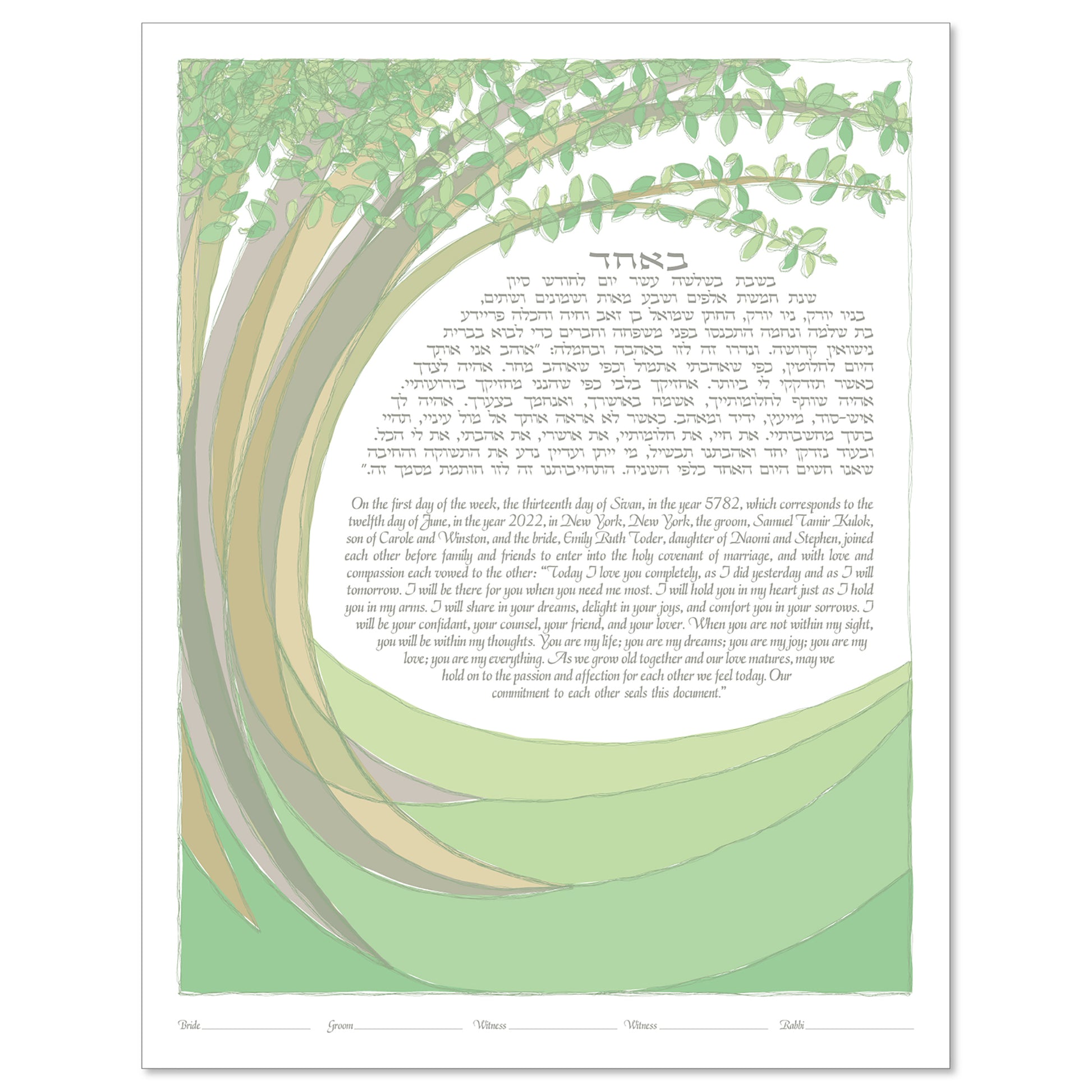 Summer ketubah by Micah Parker in shades of green surrounding the ketubah text.